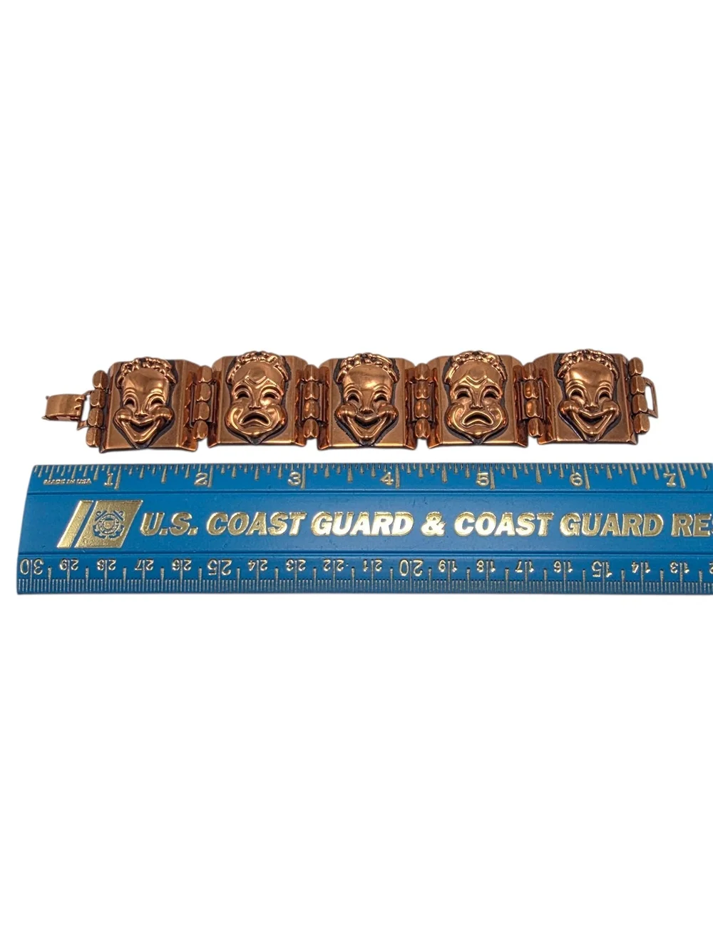 Vintage Renoir Copper Theater Mask Link Bracelet Mid Century Modern Drama Art